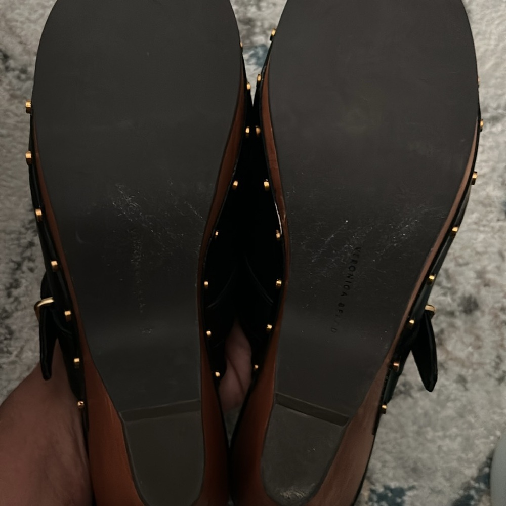 Veronica Beard Black and Brown Mules with Gold Accents - Picture 8 of 16